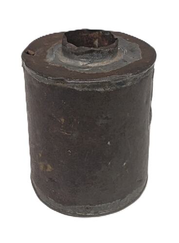 Side view of metal jam tin bomb.