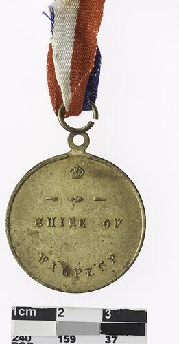 Round medal with text and with red, white and blue ribbon attached.