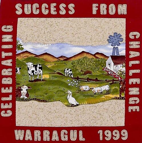 Square fabric patch depicting a farm scene