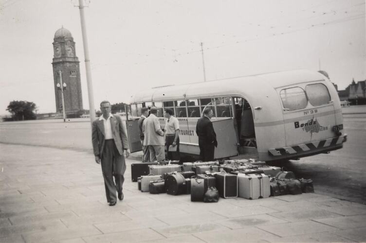 Digital Photograph - Man Catching Bus to Adelaide on  Esplanade, St Kilda, 1954