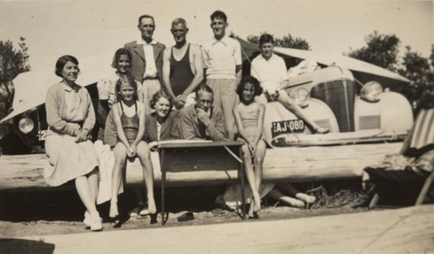 Digital Photograph - Family Sitting in Front of Cars & Tarpaulin at Beach, Ricketts Point, 1939