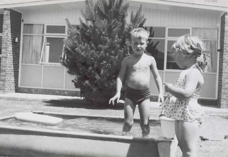 Digital Photograph - Boy & Girl with Wading Pool, Front Yard, Doncaster East, 1965