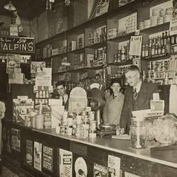 Digital Photograph - Owner & Two Staff at Counter, Feeney's Corner Store, Brunswick West, circa 1937