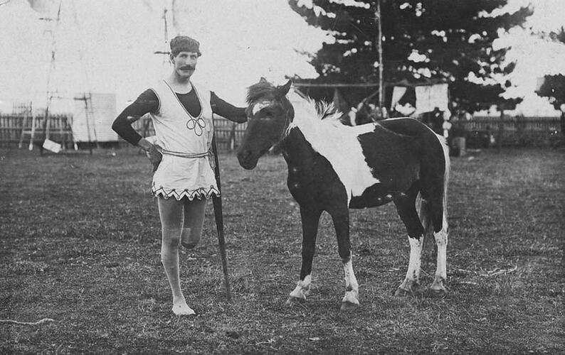 Digital Photograph - Holden Brothers Circus, One Legged Man in an Acrobat's Costume, with Pony, standing in paddock circa 1900
