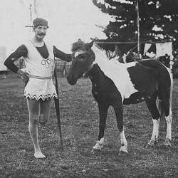 Digital Photograph - Holden Brothers Circus, One Legged Man in an Acrobat's Costume, with Pony, standing in paddock circa 1900