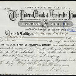 Scrip - Federal Bank of Australia Ltd, Issued Victoria, Australia, 1887
