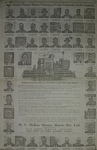 Off-white paper sheet with printed text and images, including numerous portraits.