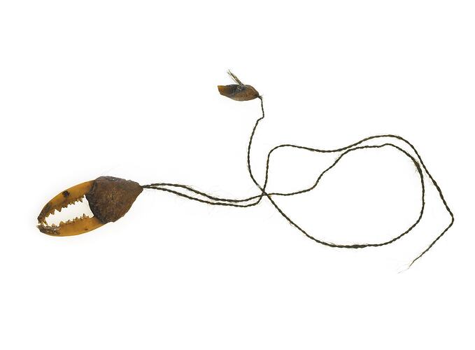 Ornament made of string and jaw bone of a small mammal.