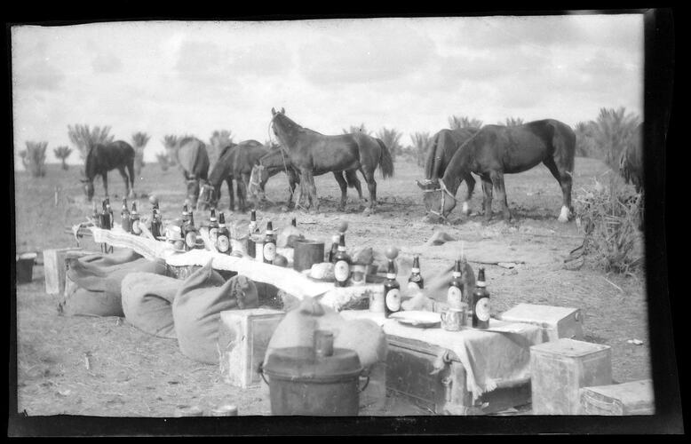 Table and chairs made from crates and sacks with horses grazing behind, numerous bottles on table.