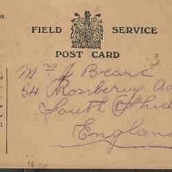 Postcard - Field Service, Alfred Galbraith, 1916