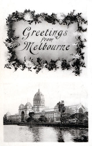 Postcard - 'Greetings from Melbourne', Exhibition Building, Valentine's Series, Melbourne, circa 1908