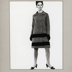 Digital Photograph - Ricardo Knitwear, Female Model Wearing a Woollen Coat with Dark Stripes, Circa 1968
