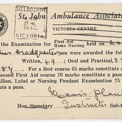 Examination Results - First Aid Course, St John's Ambulance, completed by Lili Sigalas, 1942