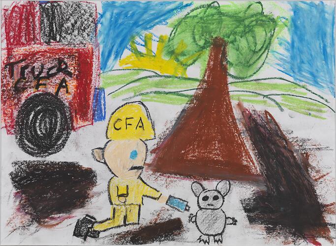 White page with colourful drawing of a fire truck, tree and fireman offering water to a koala.