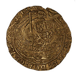 Coin, round, King stands facing in a ship, he holds a sword, shield quartered with English and French arms.
