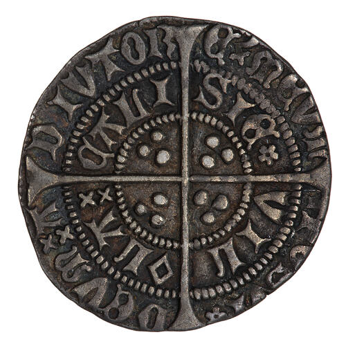 Coin, round, long cross pattee dividing legend; text around in two concentric circles.
