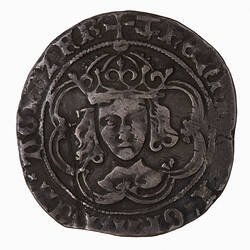 Coin, round, crowned bust of King facing, the crown has the outer arch jewelled; text around.