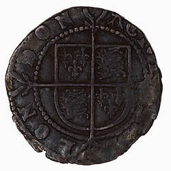 Coin, round, at centre within a beaded circle, cross fourchee quartered with the arms of France and England
