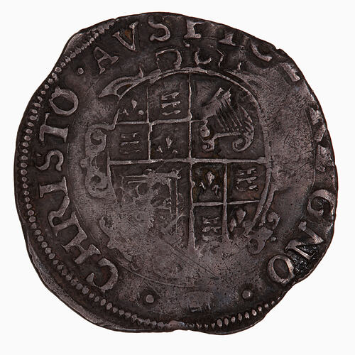 Coin, round, shield quartered with the arms of England, France, Scotland and Ireland.