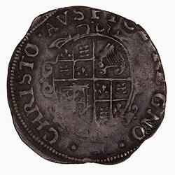 Coin, round, shield quartered with the arms of England, France, Scotland and Ireland.