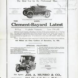 Descriptive Leaflet - Jas. A. Munro & Co., Clement-Bayard, Motor Cars, 1912