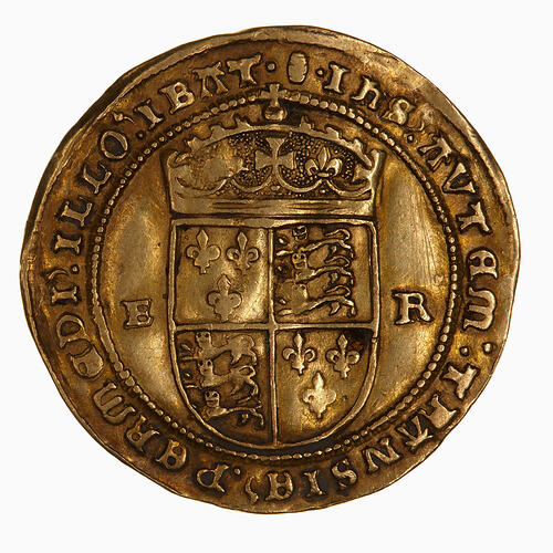 Coin, round, Crowned Royal shield, quartered with the arms of England and France dividing the letters ER.
