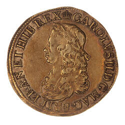 Coin, round, Laureate and draped bust of the King facing left; text around.
