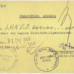 Identification Card - Provisional, Issued to Bretislav Lukes, IRO, 1949