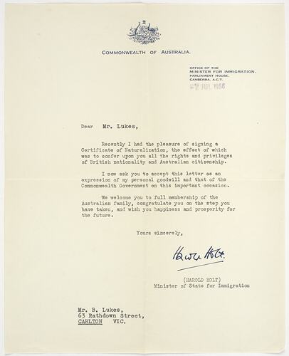 Letter - Confirmation of Naturalisation, 1956