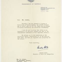 Letter - Confirmation of Naturalisation, Harold Holt to Bretislav Lukes, Carlton, 2 Jul 1956