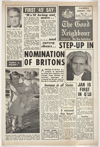 Newsletter - The Good Neighbour, Department of Immigration, No 43, Aug 1957