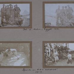 Four photos, two of a group of servicemen in a camp, and two of a boxing match.