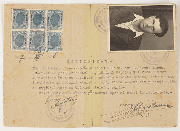 Certificate - Nationality, Issued to Nicolae Condurateanu, 1947