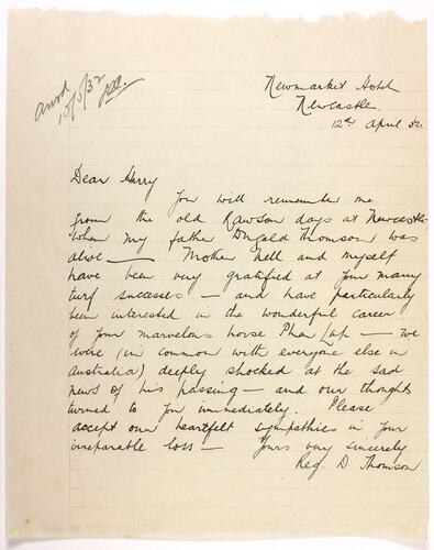 Letter - Thomson to Telford, Phar Lap's Death, 12 Apr 1932
