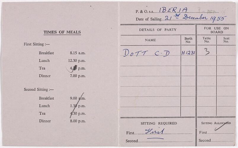 Card - P&O Dining Room Requirements