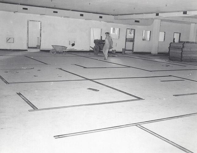 Photograph - Kodak Australasia Pty Ltd, Layout of Prefabricated Partition Tracks on Floor in Testing Building 7,  Kodak Factory, Coburg, 1958