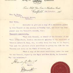 Letter - City of Caulfield to Mrs Annie Kemp, Sympathy, 2 Nov 1917