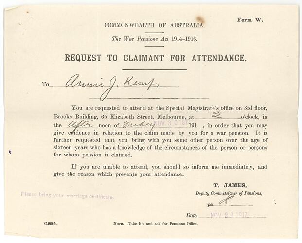 Claim for war pension with signatures and date.