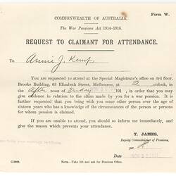 Notice - Deputy Commissioner of Pensions to Mrs A. J. Kemp, Request for Attendance at Pension Hearing, 30 Nov 1917