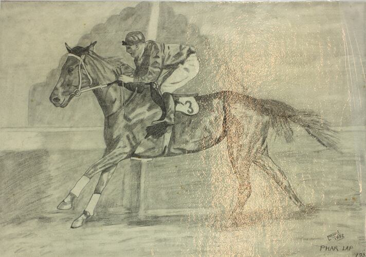 Jockey on racing horse in grey pencil.