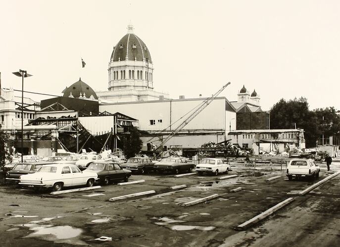 Photograph - Demolition of Royale Ballroom from Gate 4 Nicholson Street, Exhibition Building, Melbourne, 1979