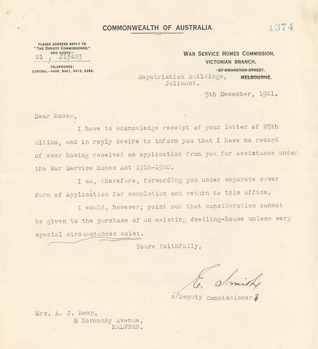 Letter - War Service Homes Commission to Annie Kemp,  5 Dec 1921
