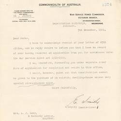 Letter - War Service Homes Commission to Mrs A. J. Kemp,  5 Dec 1921