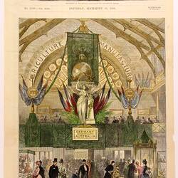 Newspaper with masthead and illustration of trade show