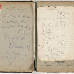 Inner cover of address book with handwriting.