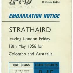 Leaflet - Embarkation Notice, RMS Strathaird, P&O Line, 1956
