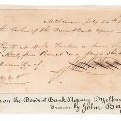 Cheque - John Batman, The Derwent Bank Agency, Melbourne, Victoria, Australia, 24 Jul 1838