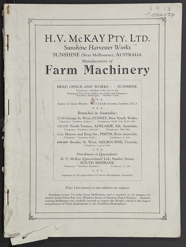 Catalogue - H.V. McKay, Stripper Harvester, circa 1925