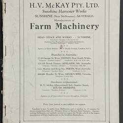 Catalogue - H.V. McKay, Stripper Harvester, circa 1925