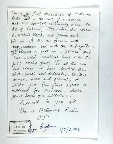 Handwritten Script - Final message, Melbourne Coastal Radio Station, 1 July 2002